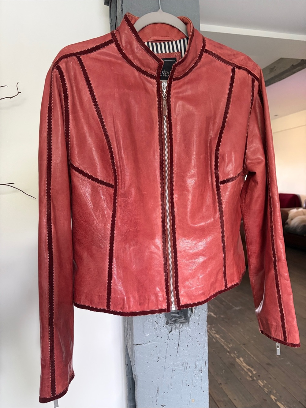 ONSTAGE Coral-Red Leather Zip Jacket with Contrast Piping stunning jacket